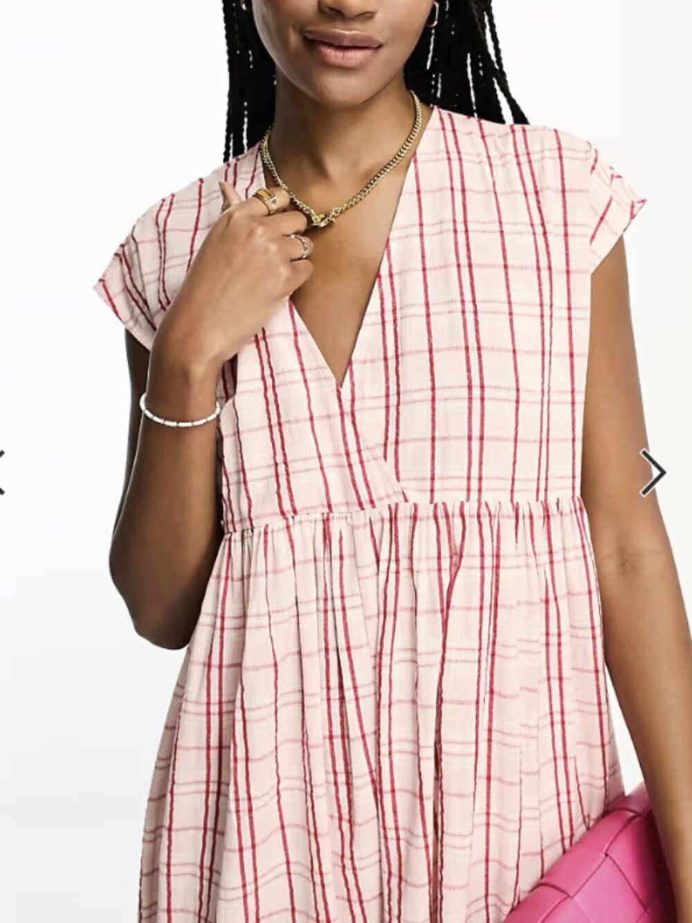 ASOS DESIGN Tall Cotton v-neck midi smock dress in pink check - Picture 2 of 8
